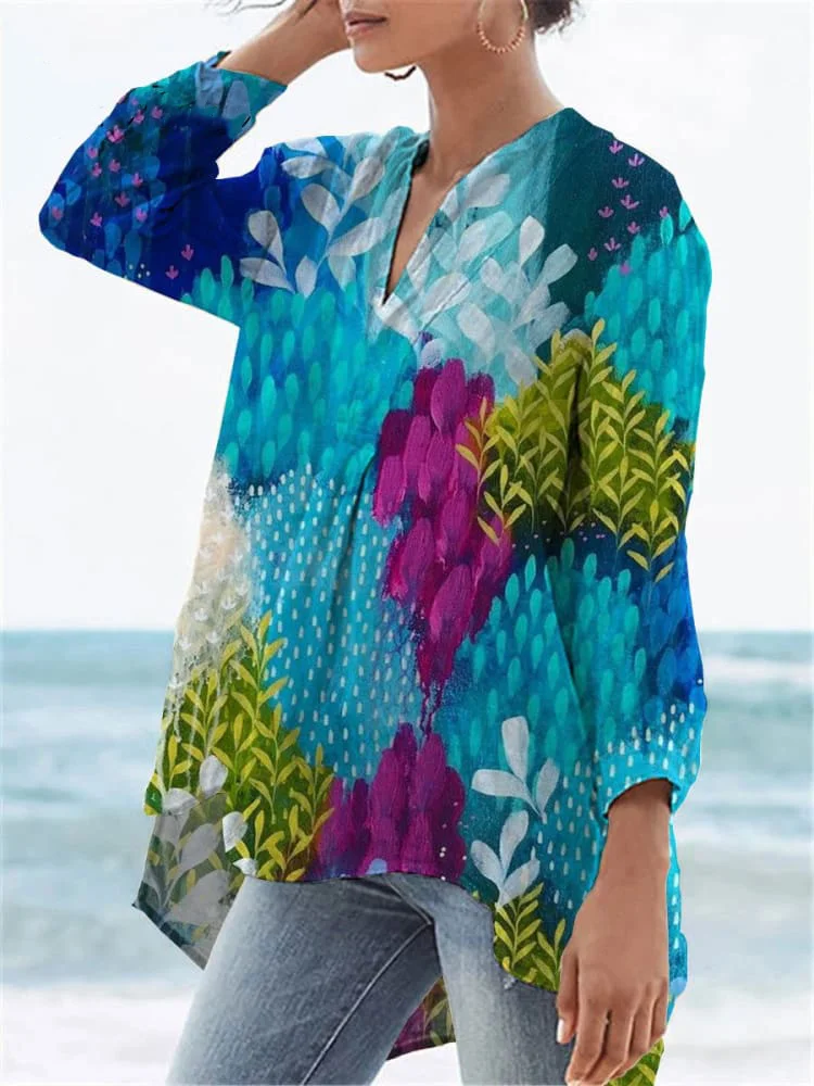 Women's  Flower Print Casual Linen V-neck Shirt
