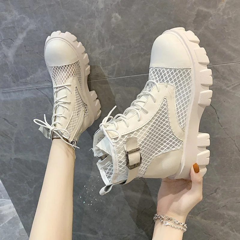 Classic Women Thick Bottom Black Mesh Summer Boots Round Toe Zipper Lace Up Platform Shoes Woman High Heels Ankle Botas