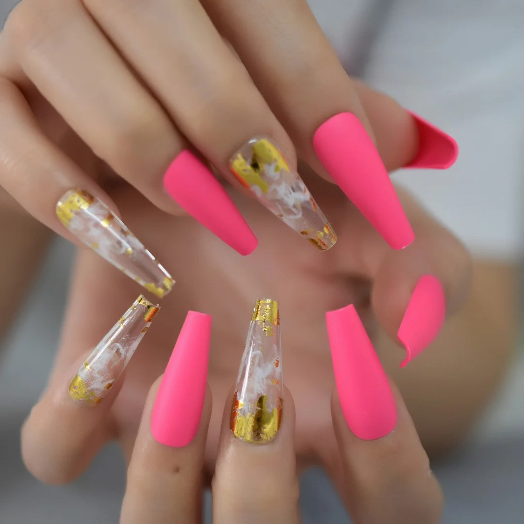 Glossy 24Pcs 6Pcs Foil Set Extra Long Fake Nails Fingernails Art Coffin Nails Tip Simple Design Supplies For Professionals EchiQ-Nail Inspo