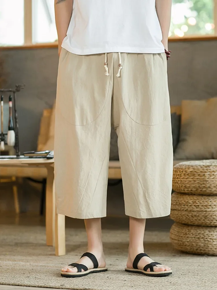 Whosewln Streetwear Fashion Women: Chinese Style Linen Pants – Wide Leg Drop Crotch Joggers for Men’s HipHop Style  