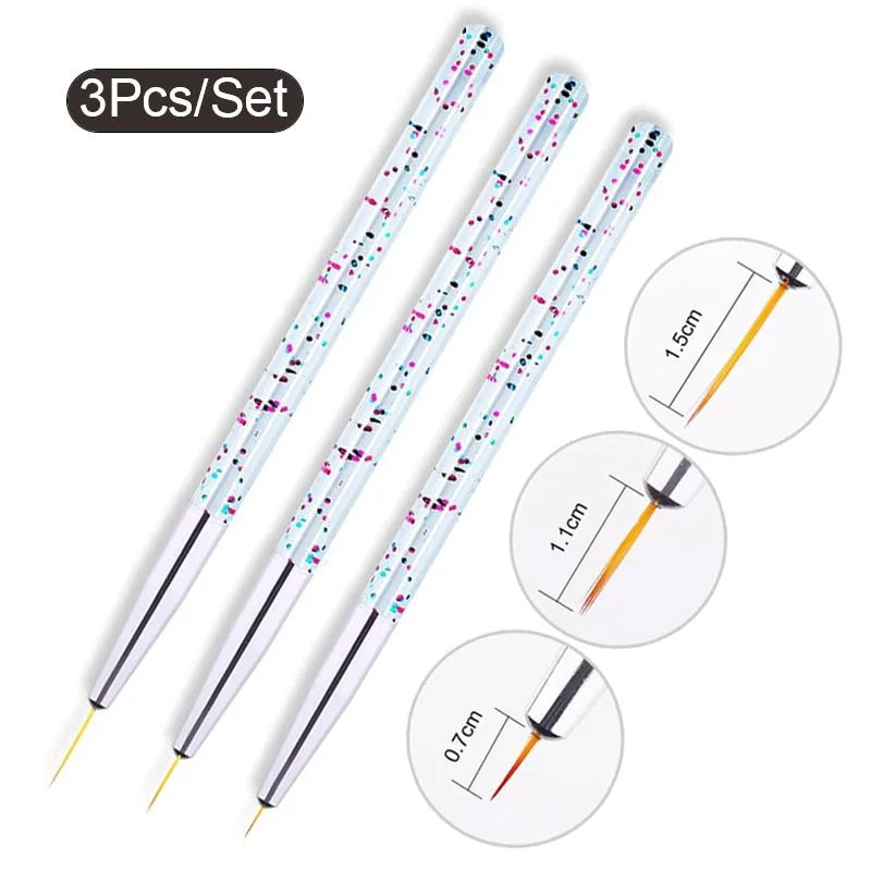 3Pcs Acrylic French Stripe Nail Art Liner Brush Set 3D Tips Manicure Ultra-thin Line Drawing Pen UV Gel Brushes Painting Tools