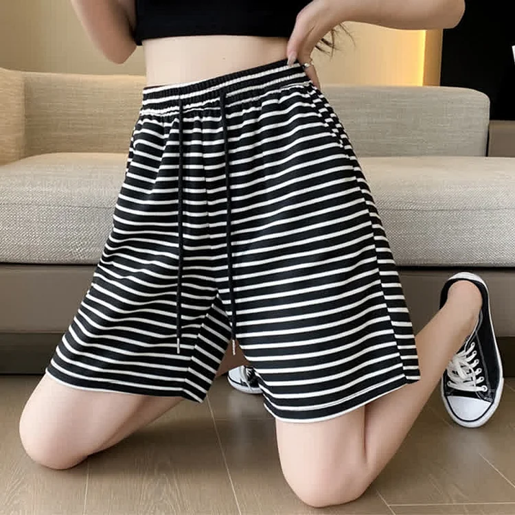 Stripe Print High Waist Casual Shorts - Modakawa modakawa
