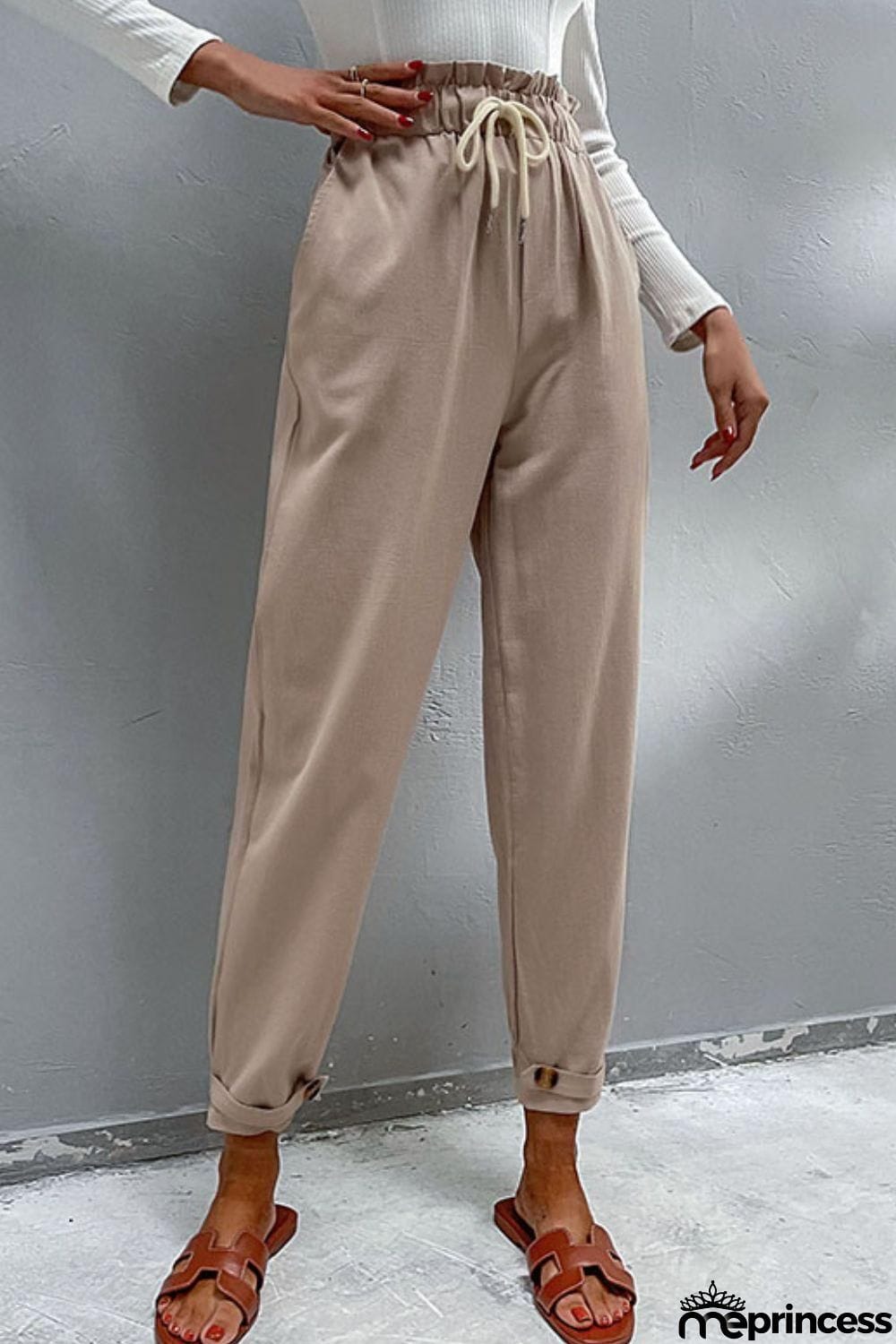 Drawstring Paperbag Waist Button Detail Pants