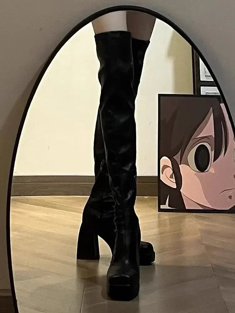 13 Black Long Boots For Women Fashion Zippers Square High Heel Over the Knee High Boots Winter Shoes Ladies Elegant Mordern Booties Aiertu
