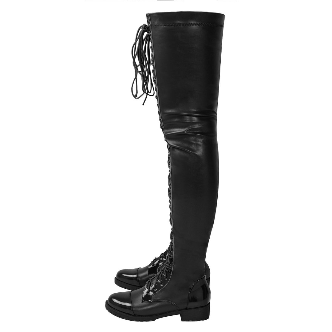 Lace-up Side Zip Low Heel Over The Knee Stockings Leather Women's Boots-PABIUYOU- Women's Fashion Leader