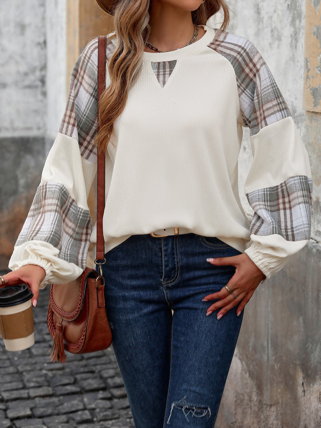 Women's Long Sleeve Scoop Neck Plaid Printed Tops