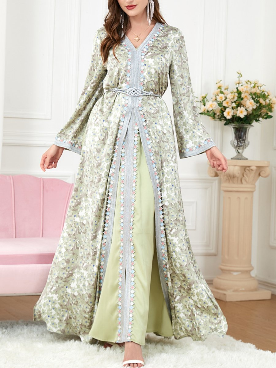 Green Flowers Long Sleeve Dress and Outerwear Two Piece Set | Oxredo Shop Ramadan Sale