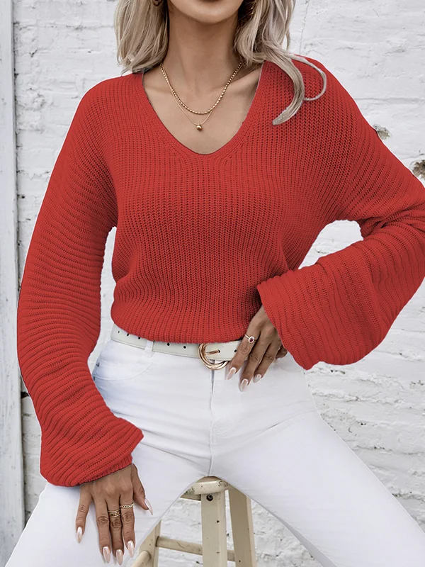 Solid Color Split-Joint Long Sleeves Loose V-Neck Sweater Tops Pullovers