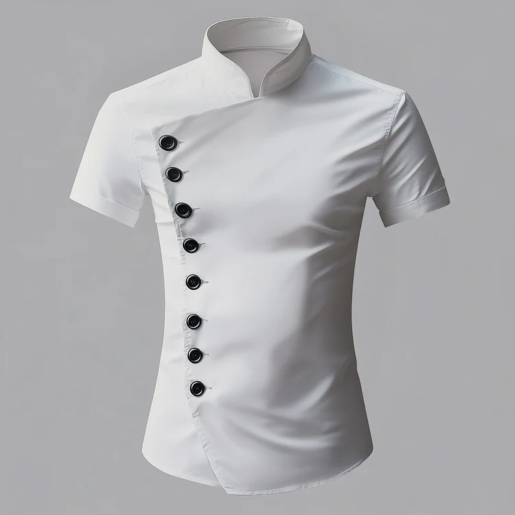 Okaywear Solid Stand Collar Slant Button Short Sleeve Shirt 