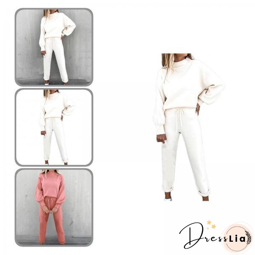 Women Outfit Pocket Thick Solid Color Loose Pullover Pants Set For Office