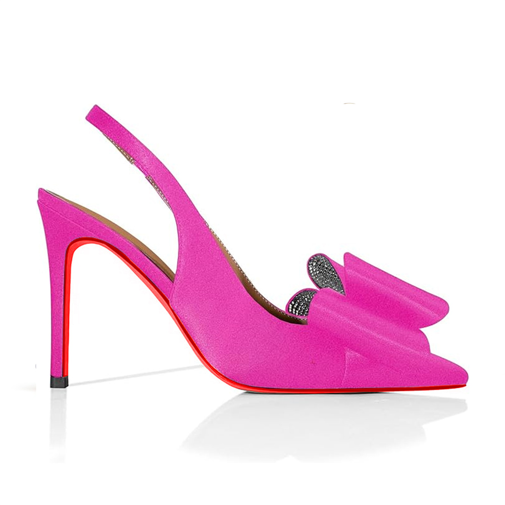 100mm Women's Red Bottom Diamonds Bows Slingback Sandals Design Heels Pointed Toe Stiletto Shoes -MERUMOTE