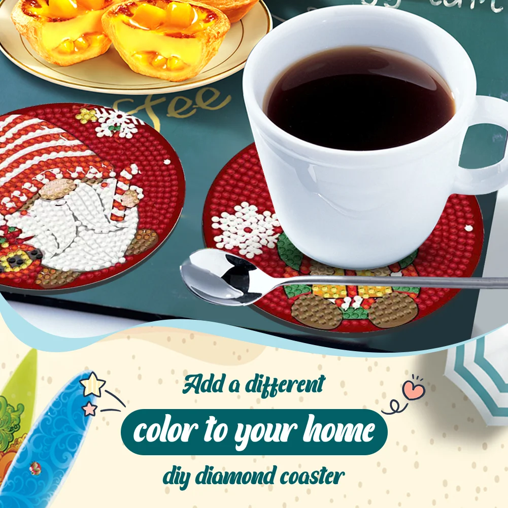 8pcs DIY Christmas Gnome Diamond Crafts Coasters with Holder Wooden DIY Coaster