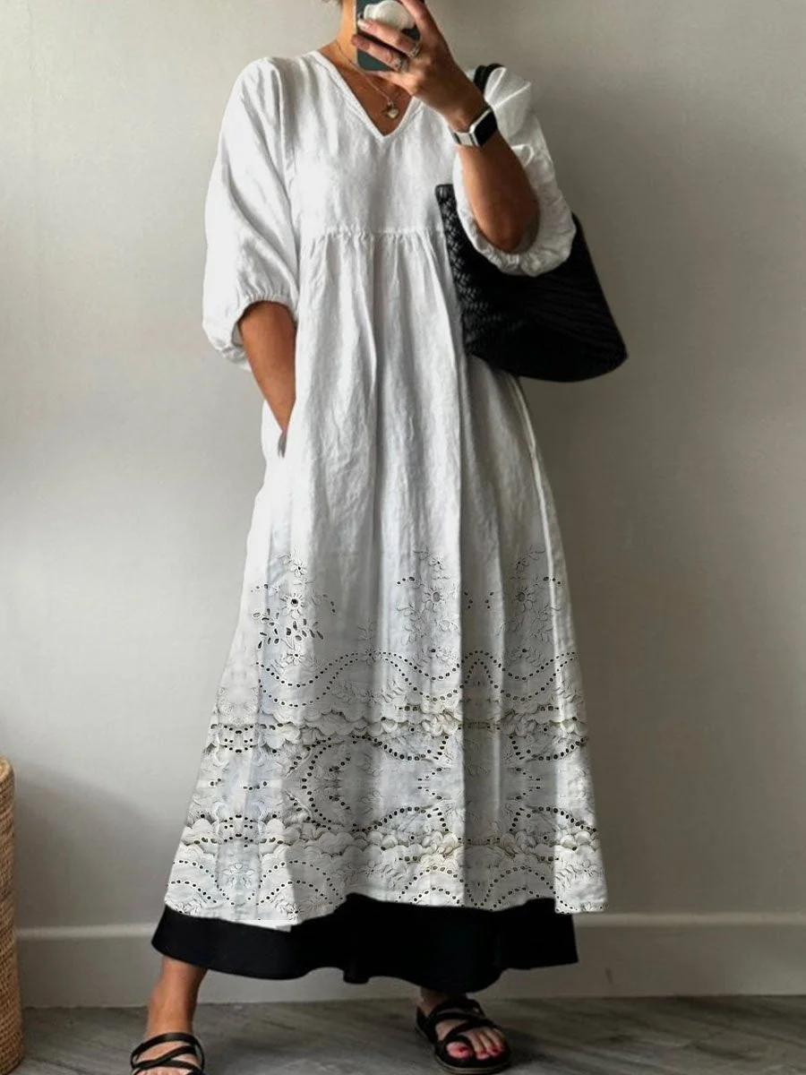 Women's Vintage Lovely Floral Lace Pattern Art Print Pocket V-neck Cotton Dress