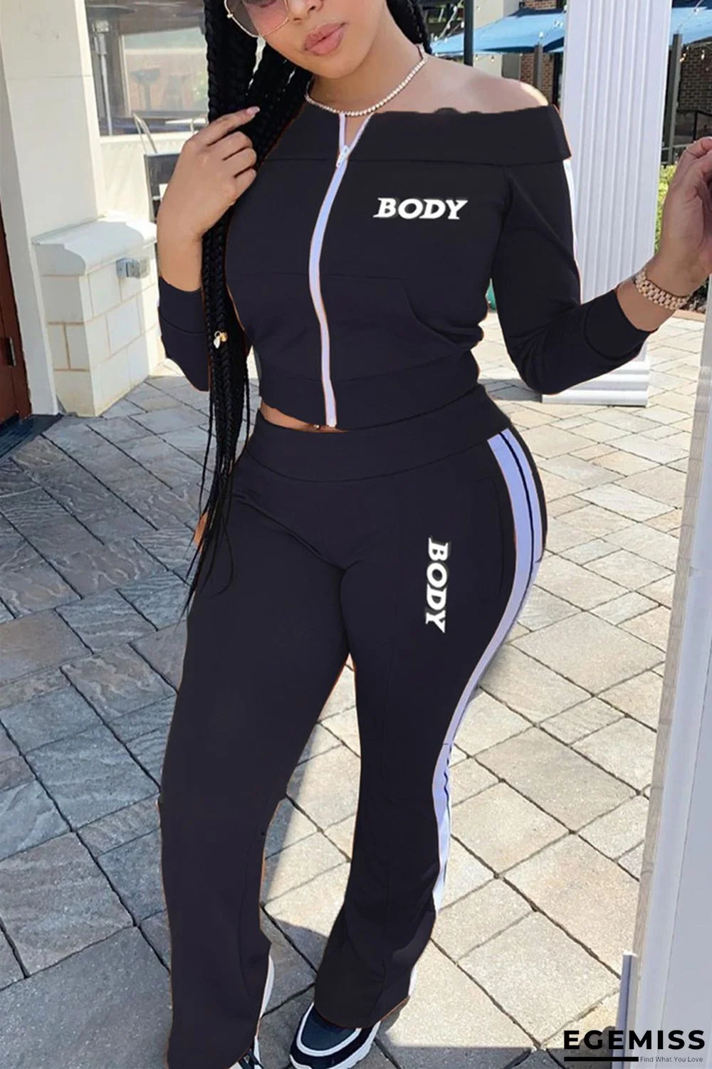 Black Casual Sportswear Letter Solid Embroidered Pocket Bateau Neck Long Sleeve Regular Sleeve Short Two Pieces | EGEMISS