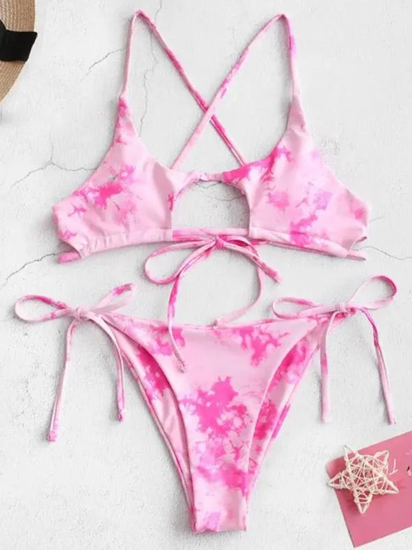 Tie-Dyed Bandage Hollow Split Bikini Swimsuit