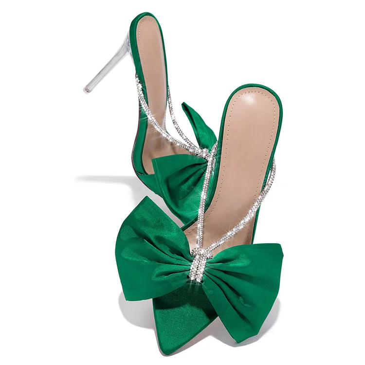 Green Rhinestone Pointed Toe Heel Sandal Mules  's Elegant Party with Bow Vdcoo