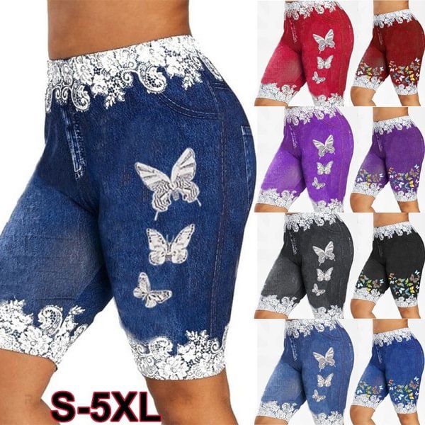 Women Fashion Skinny Casual Denim Jeggings Lace Up ButterflyPrint Shorts Leggings CapriShorts Plus Size S-5XL - Life is Beautiful for You - SheChoic