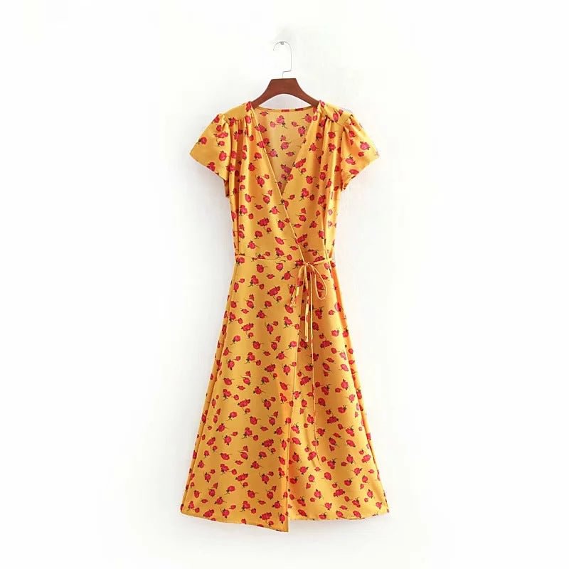 French Summer Yellow Retro Printed Waist-controlled Slimming Floral Tie-neck Wrap Dress