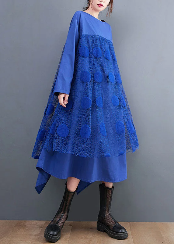 Elegant Blue Tulle Patchwork Cotton Dress Spring