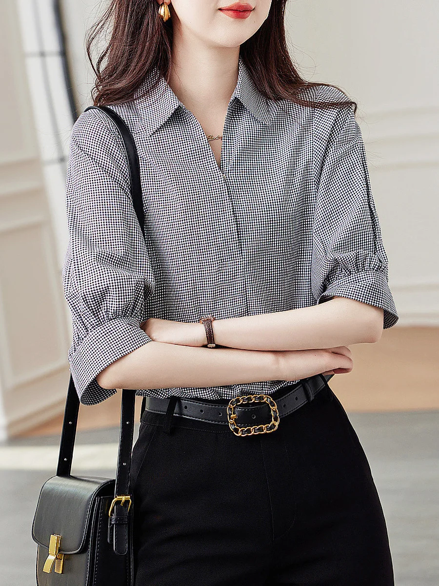 Athvotar Athvotar Casual Design Cotton Checker Shirt 2025 Summer New Collar Short-Sleeved Shirt Women's New Top