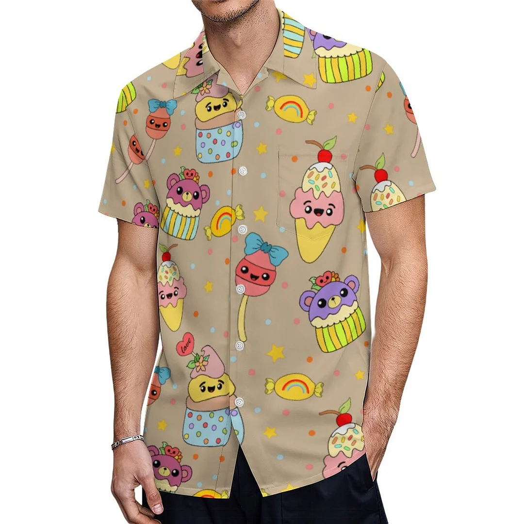 Short Sleeve Pink Kawaii Sweet Food Cartoon Hawaiian Shirt Mens Button Down Plus Size Tropical Hawaii Beach Shirts