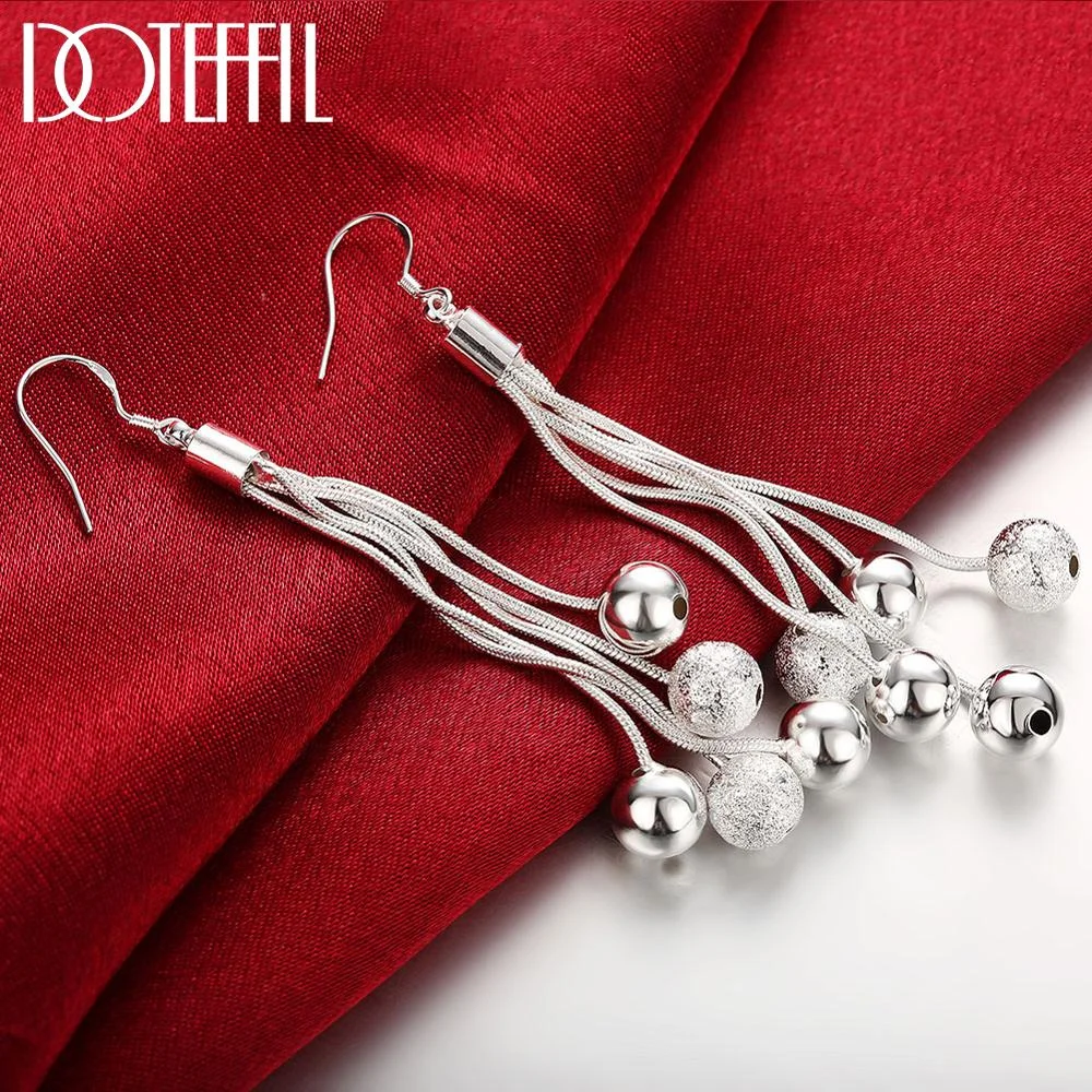 DOTEFFIL 925 Sterling Silver Five Line Snake Chain Beads Drop Earrings For Women Jewelry