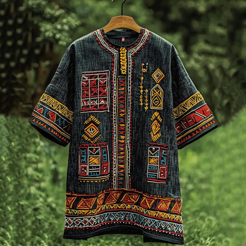 Men's African Ethnic Geometric Art Print Comfy Linen T-shirt