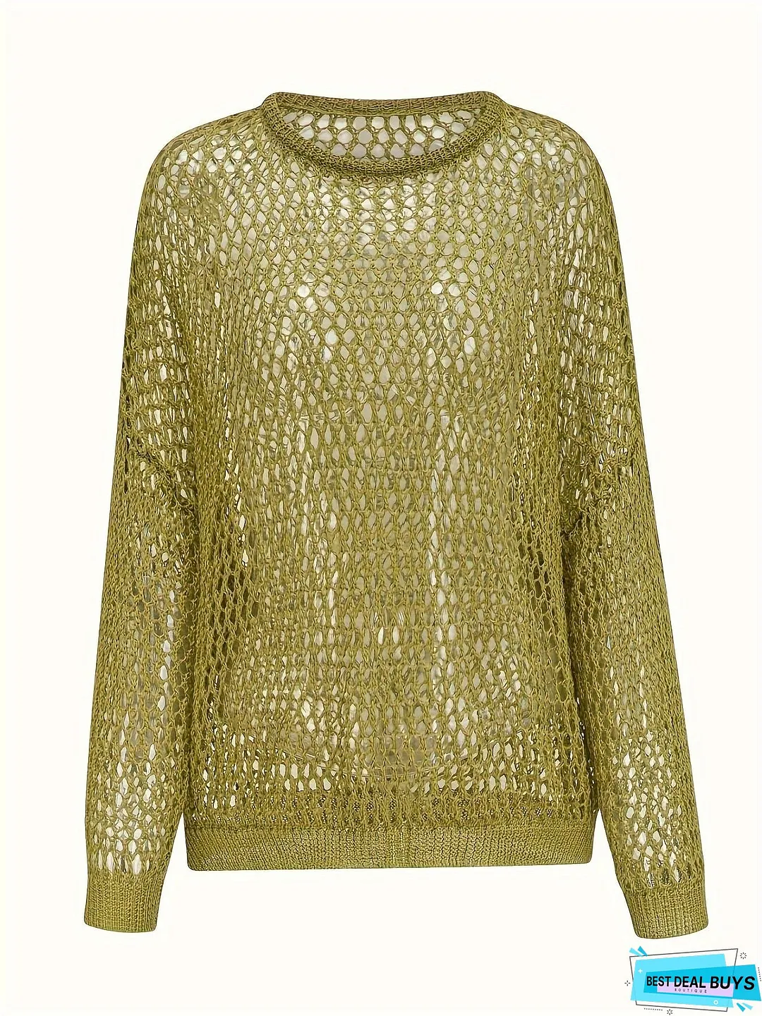 Crochet Cut Out Cover Up Top, Y2K Long Sleeve Crew Neck Top, Women's Clothing
