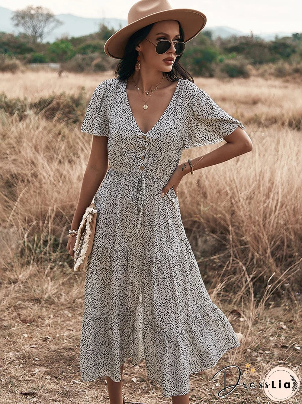 Polka Dot V Neck Side Split Button Up Midi Dress