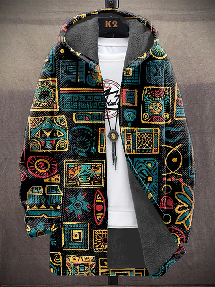 Men's Mysticism Ethnic Patterns Art Print Fleece Lined Hooded Trench Coat