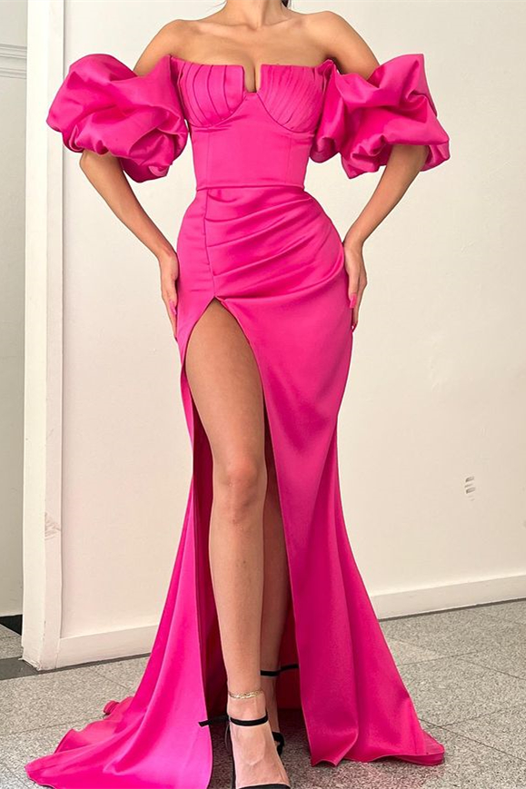 Oknass Fuchsia Strapless Off-the-Shoulder Mermaid Puff Sleeves Evening Dress With Split