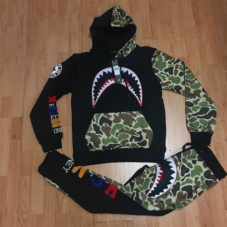 Black fashion shark print camouflage Hoodie suit