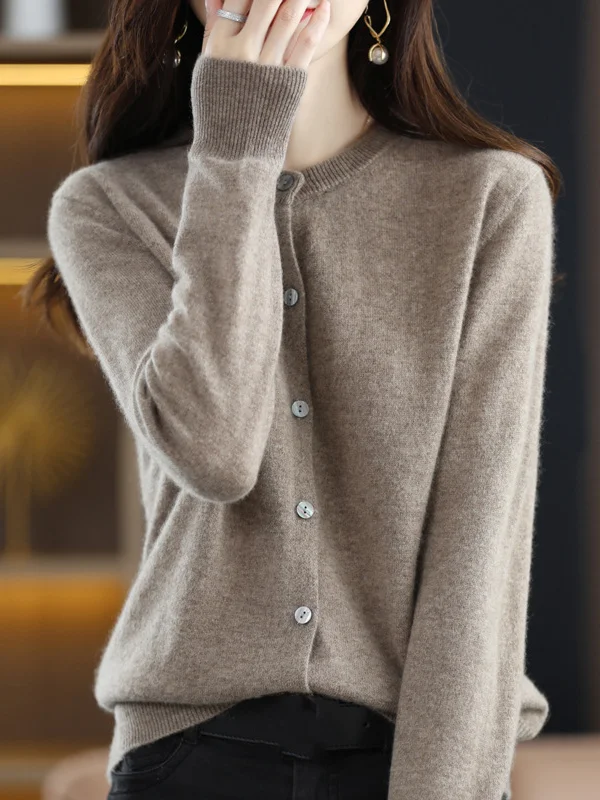 Buttoned Elasticity Long Sleeves Round-Neck Knitwear Cardigan Tops