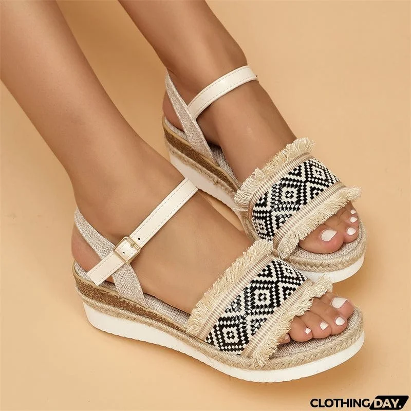 Women's Leisure Wedge Heel Raw Edge Black Roman Sandals