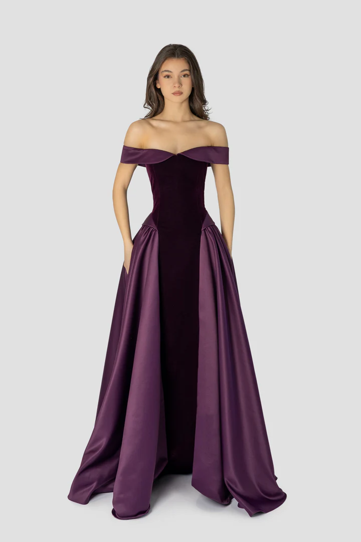Lussooy Dreamy Satin Regency Sleeveless Off the Shoulder Long Prom Dress with A Line 