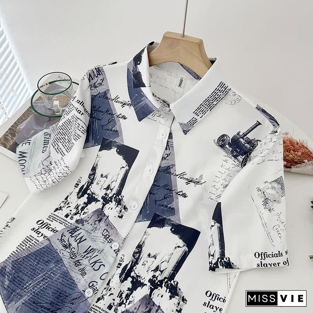 Cartoon Print Lapel Short Sleeve Loose Shirt