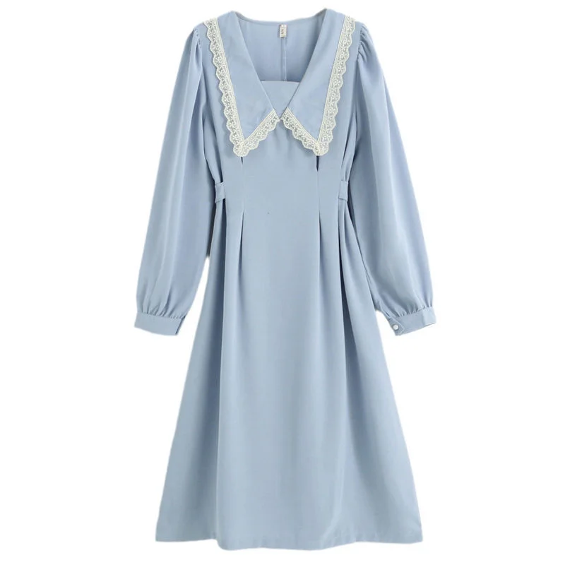 Jangj French Style Dress Elegant Vintage Slim Spring Summer Dress Peter Pan Collar Long Sleeve Solid Dress Korean Fashion Dress