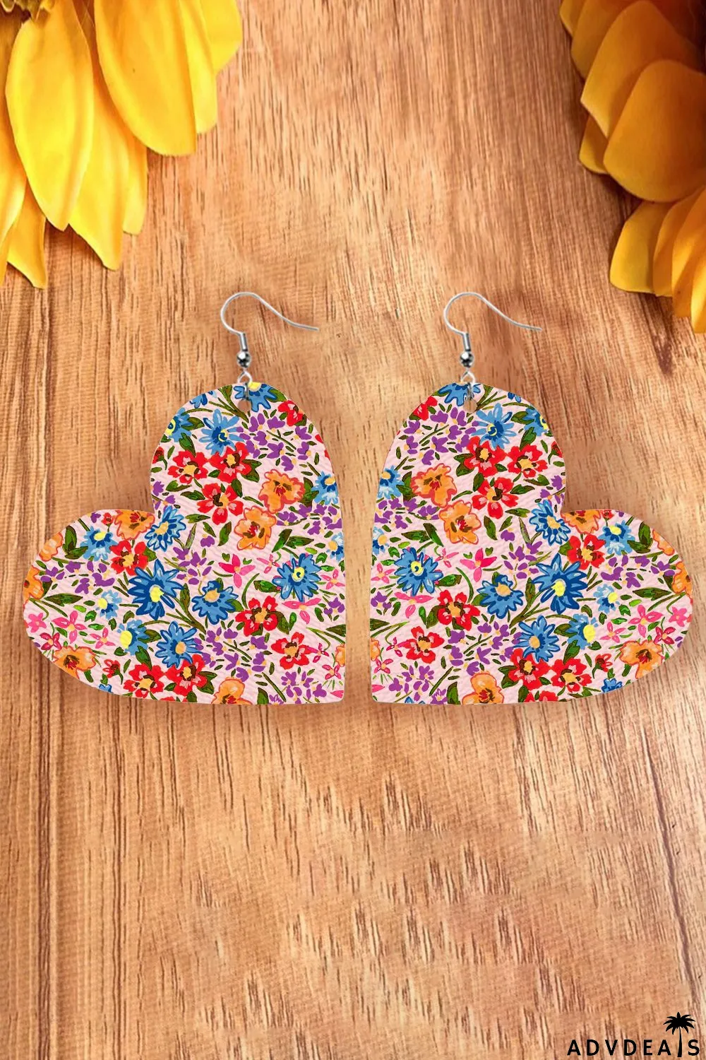 Multicolor Floral Print Heart Pendant Hook Earrings