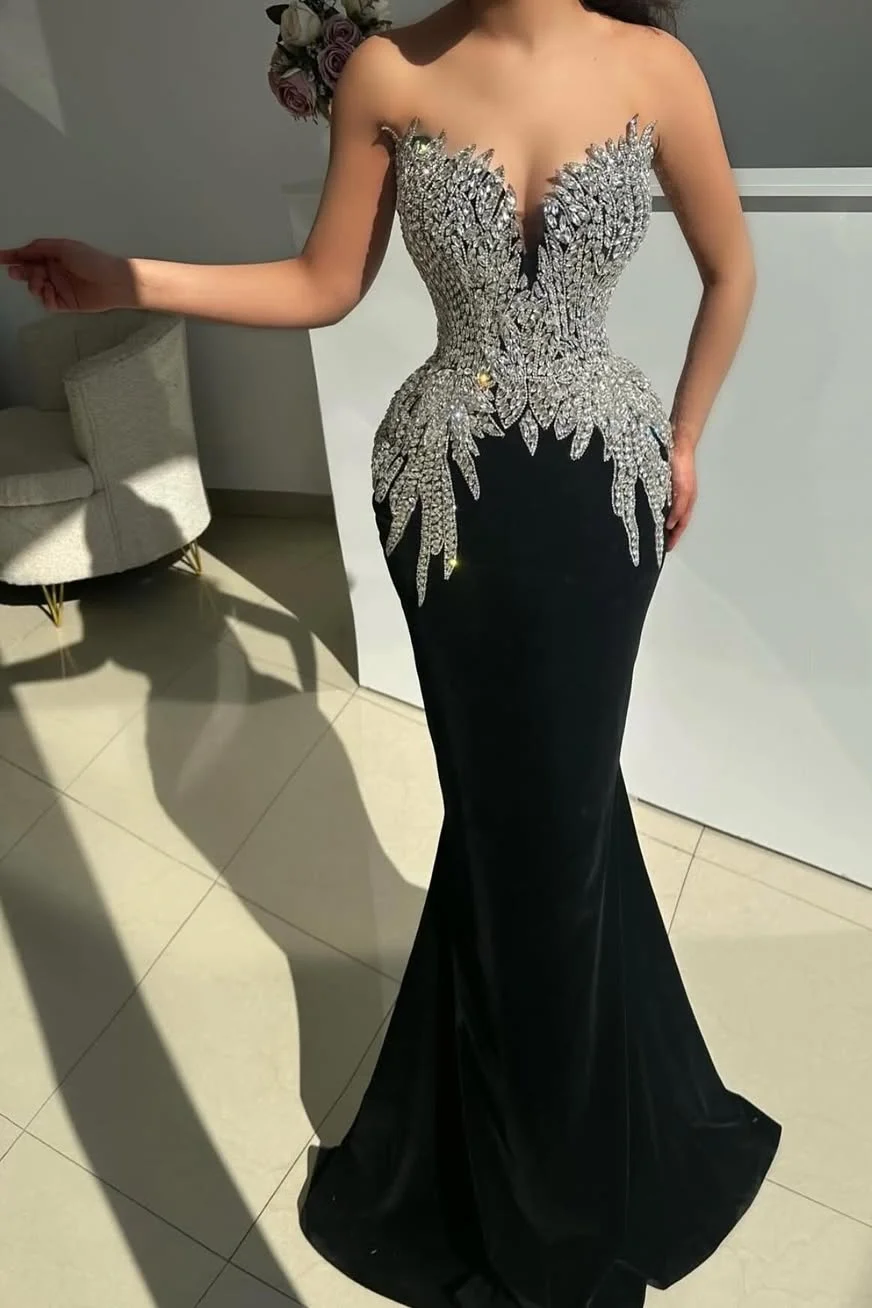 Daisda Black Strapless Sleeveless V-Neck Mermaid Prom Dress With Beads