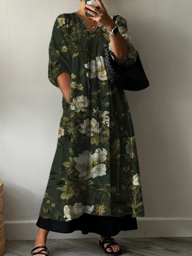 Retro Floral Print Pocket V-neck Cotton Dress