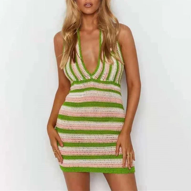 Tossy Summer Knit Backless Dress Women Beach Holiday Partywear Sexy Halter Bodycon Slim V-Neck Sleeveless Mini Dresses 2023 Hot