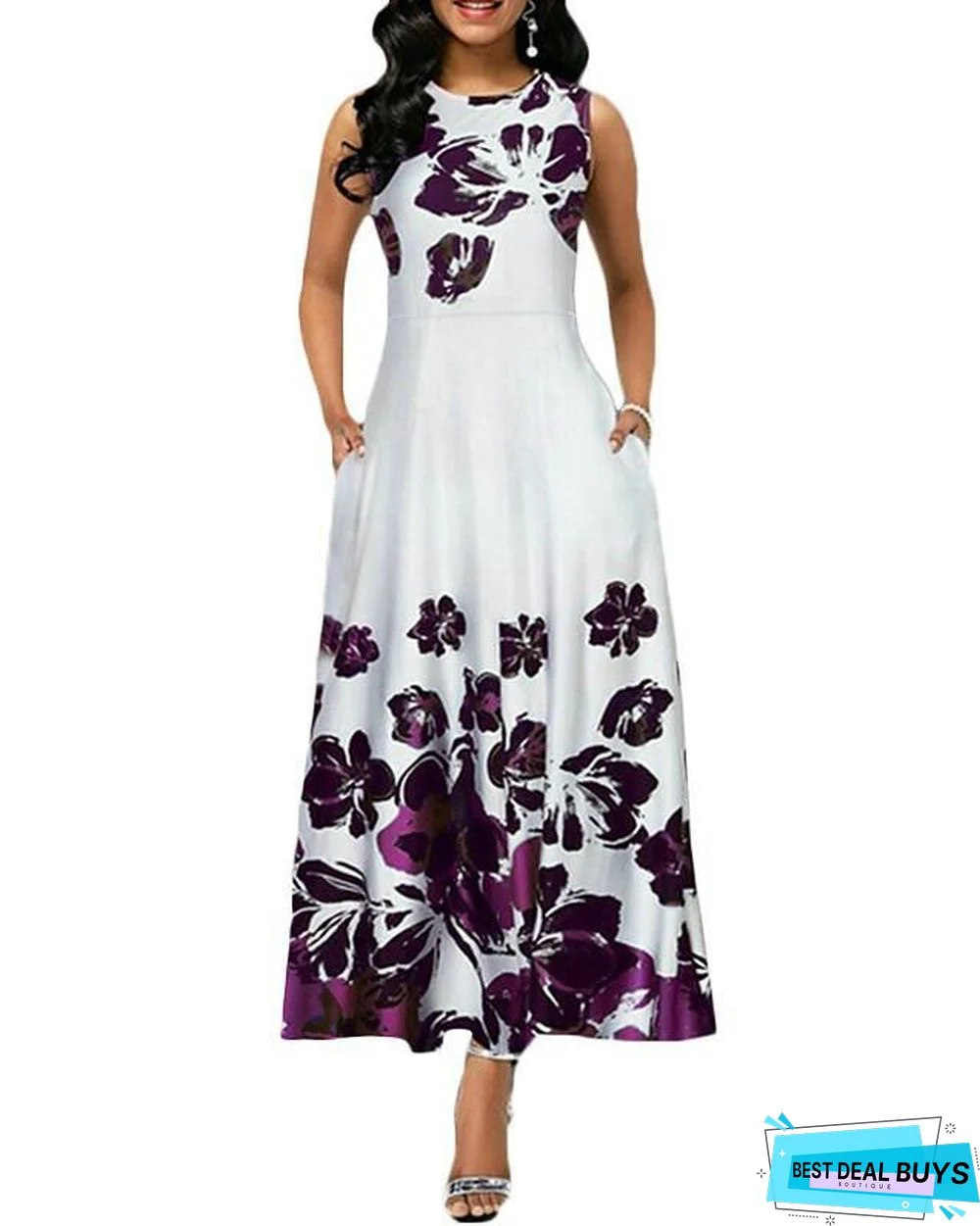 Women's A-Line Dress Maxi Long Dress Sleeveless Print Summer Casual White Black Blue Purple Wine Green White Dresses