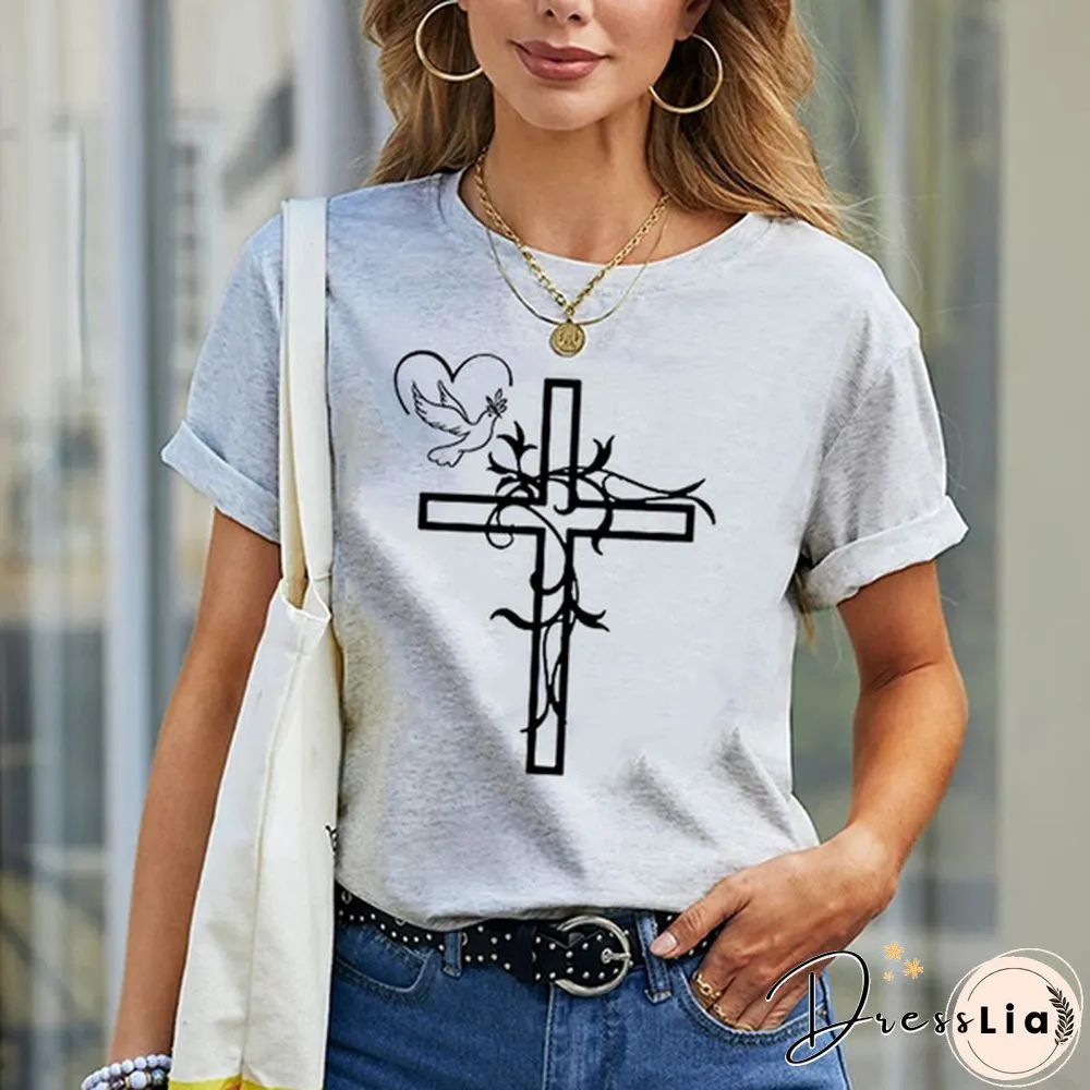 Womens Crew Neck Tees Shirts Summer Tops Christian Solid Color Graphic Tshirts God Faith