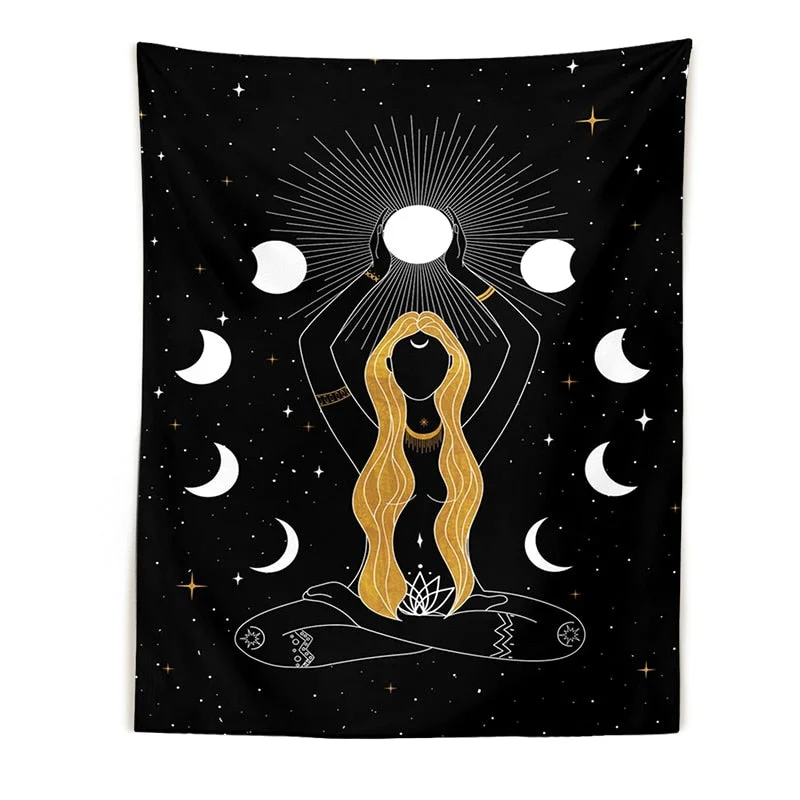 Moon woman Tapestry Wall Hanging Psychedelic Art Tapestries Simple Line Wall Cloth Psychedelic Women Yoga Carpet Boho Decor