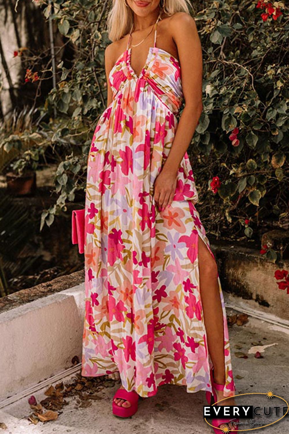 Red Halter Neck Backless Floral Print Maxi Dress with Ties
