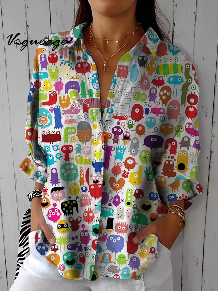 Fashionable Colorful Cartoon Small Pattern Printed Cotton And Linen Shirt
