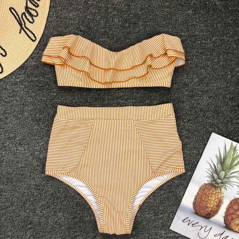2019 Sexy High Waist Bikini Swimwear Women Striped Biquini Ruffled Swim Bathing Suit Off Shoulder Swimsuit Vintage Bikinis