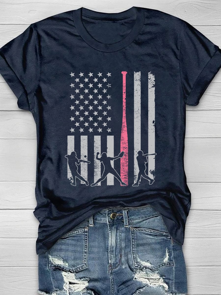 Softball Flag Players And Pink Bat Design Print Short Sleeve T-Shirt