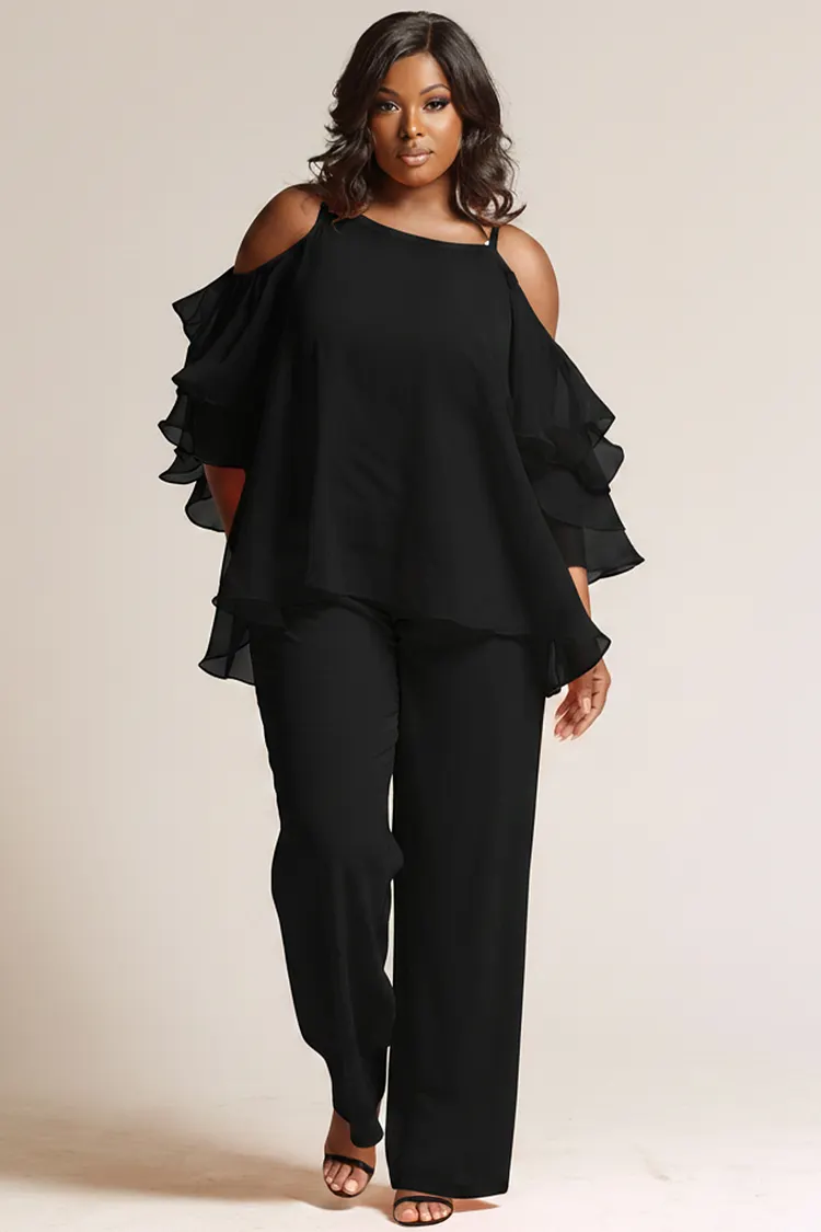 Xpluswear Design Plus Size Business Casual Orange Cold Shoulder Half Sleeve Ruffle Pocket Chiffon Two Piece Pant Sets [Pre-Order] 2024 - Xpluswear