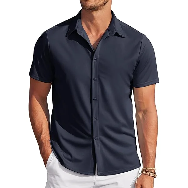 Mens Casual Wrinkle Free Shirts Short Sleeve Button Down Summer Stretch Dress Shirt Small Khaki